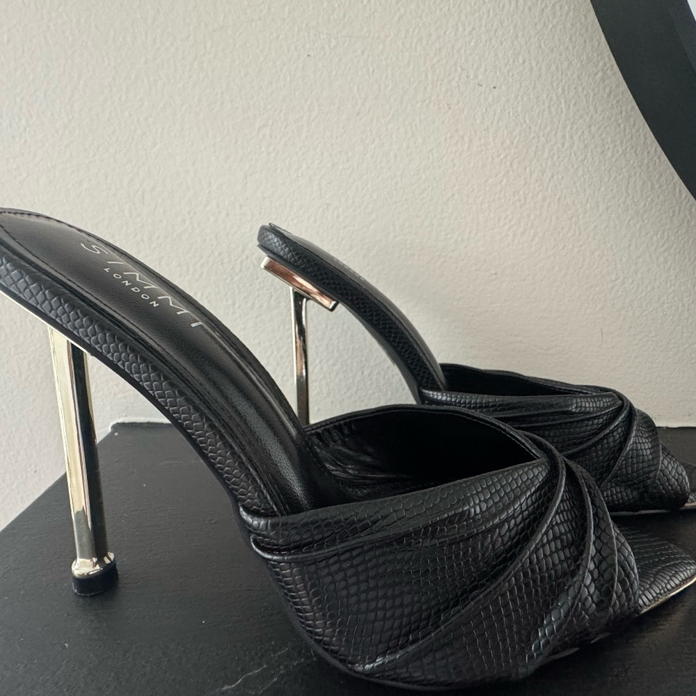 SIMMI LONDON BLACK PEEP TOE STILETTO Silver Heels MULES SIZE 9